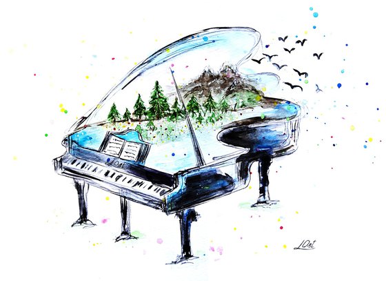 Piano with mountains