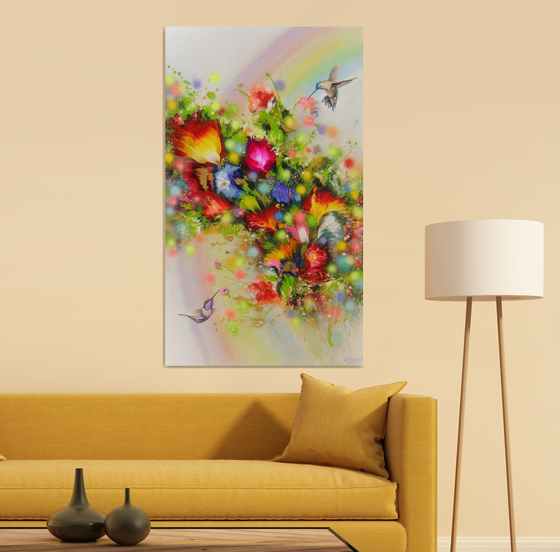 "Hummingbirds and Rainbow" LARGE painting