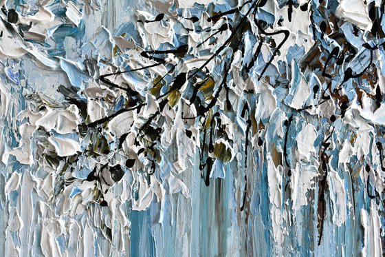 Winter Glow - Textured Abstract Silver, White, Blue Painting, Palette Knife Art