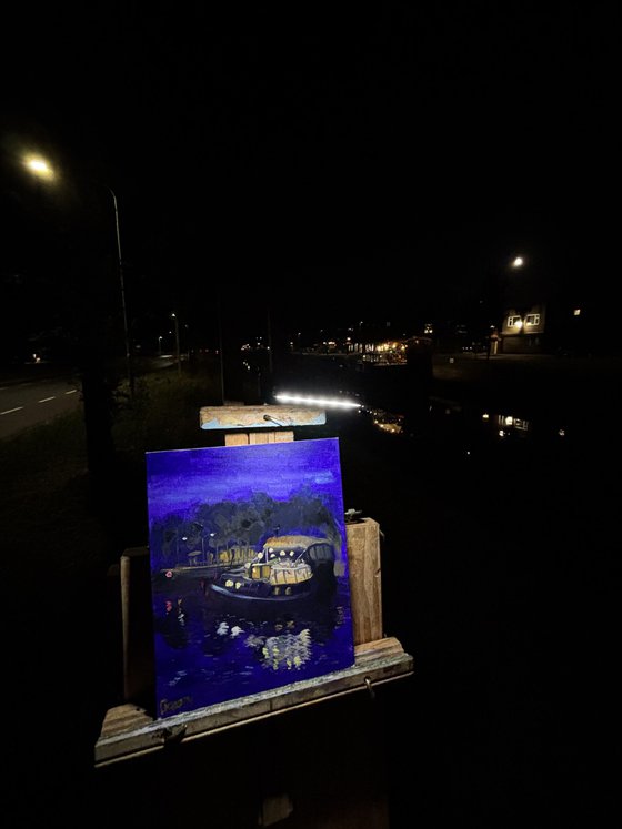 Nighttime Dutch canal boat