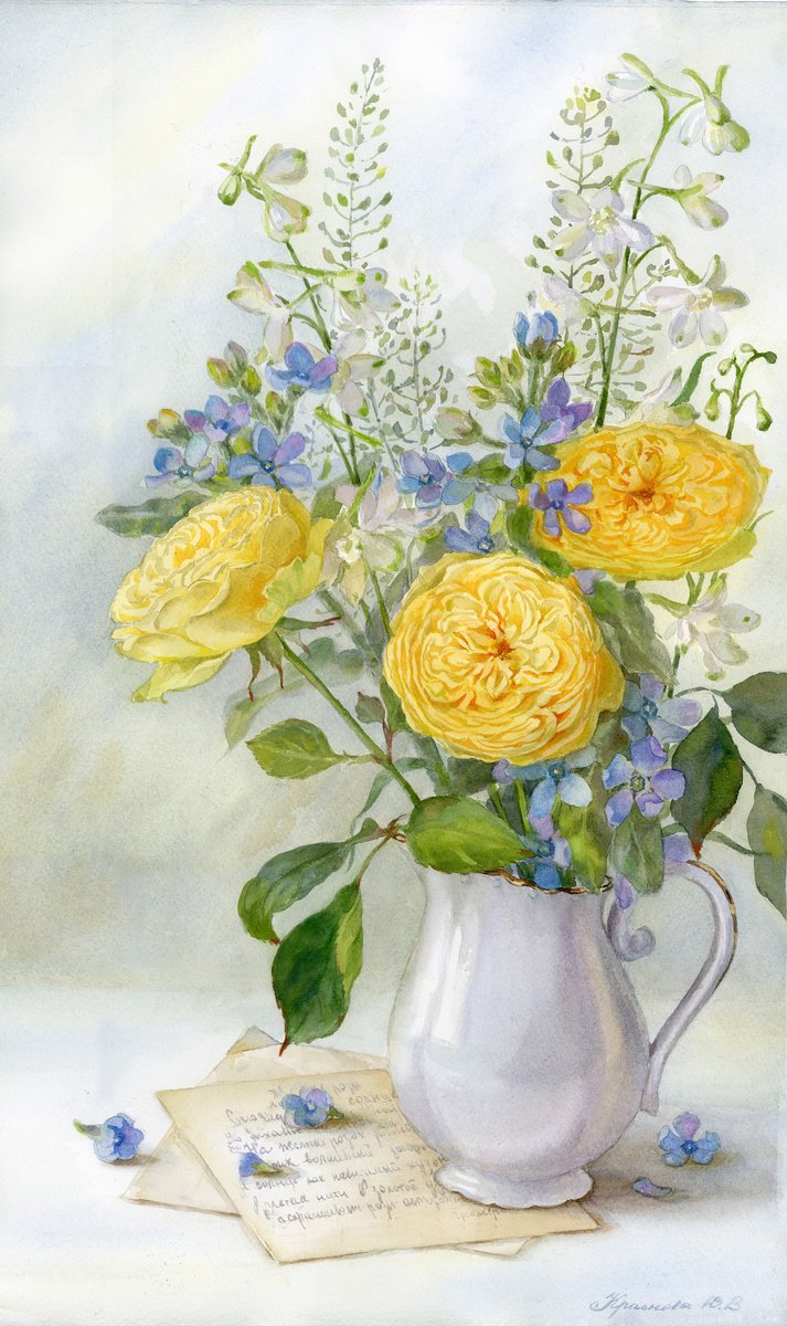 Photorealistic Botanical Watercolour By Yulia Krasnov, 13 X 22", Bouquet With Yellow Roses, Original Artwork