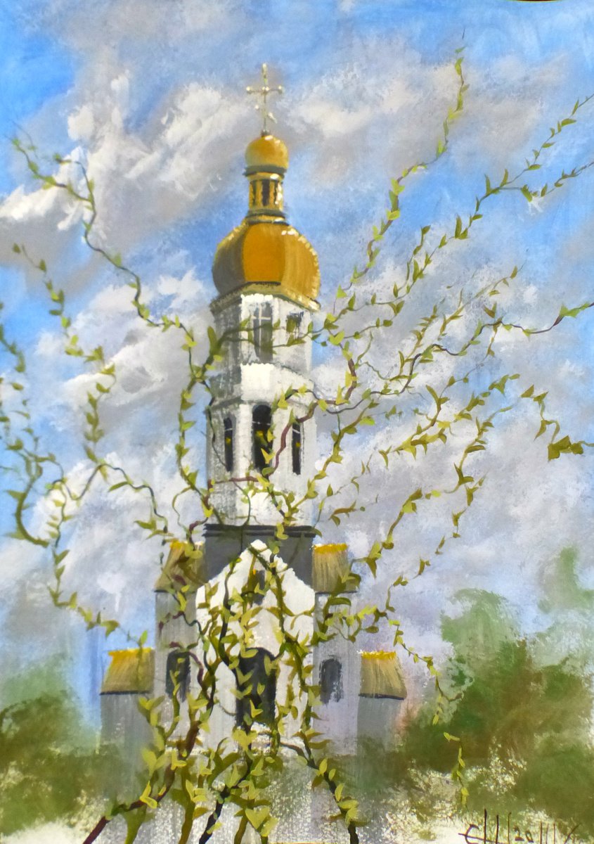 Impressionistic Cityscapes Acrylic Painting By Eugene Gorbachenko, 12 X 17, Holy Trinity Church, Original Artwork