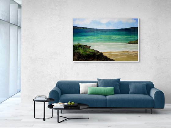 Seascape panorama warm bay. EXTRA LARGE OIL PAINTING