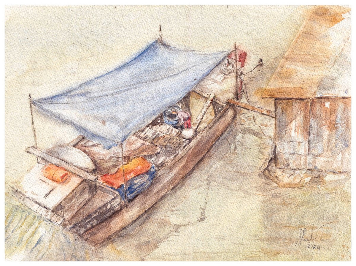 Landscape Watercolour By Hua Le, 16 X 12, Boat, Original Artwork