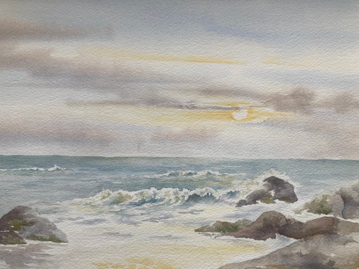 Impressionistic Landscape Watercolour By Noel Sawyer, 15 X 11", Pembrokeshire Coast At Sunset, Original Artwork
