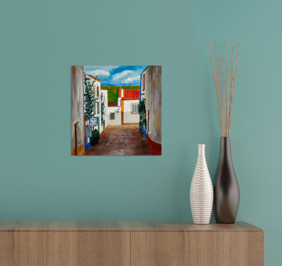 Portugal Original Gouache Painting, Europe Wall Art, Obidos Street Artwork, Travel Gift, Mediterranean Home Decor