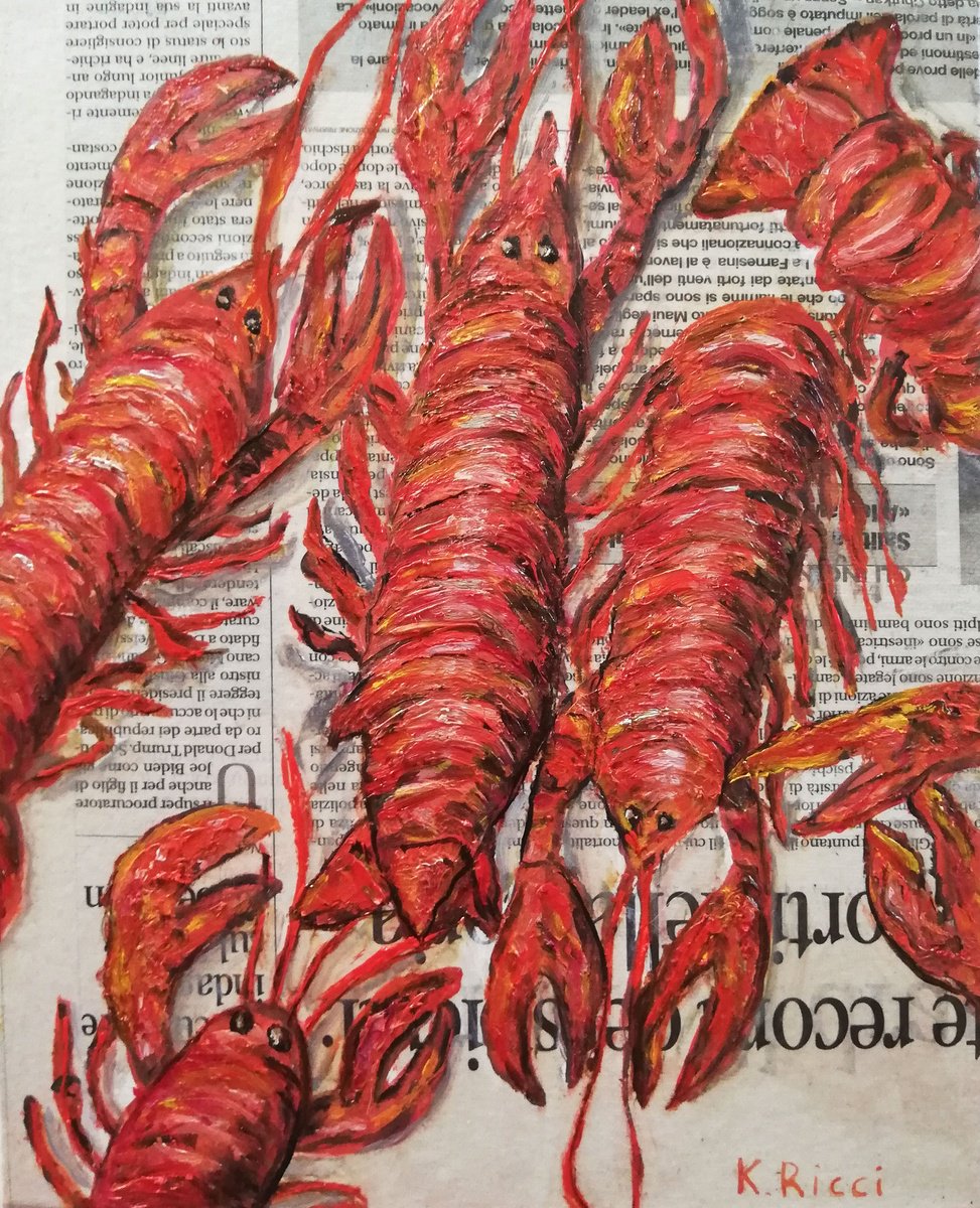 Impressionistic Still Life Oil Painting By Katia Ricci, 8 X 10", Lobsters On Newspaper, Original Artwork