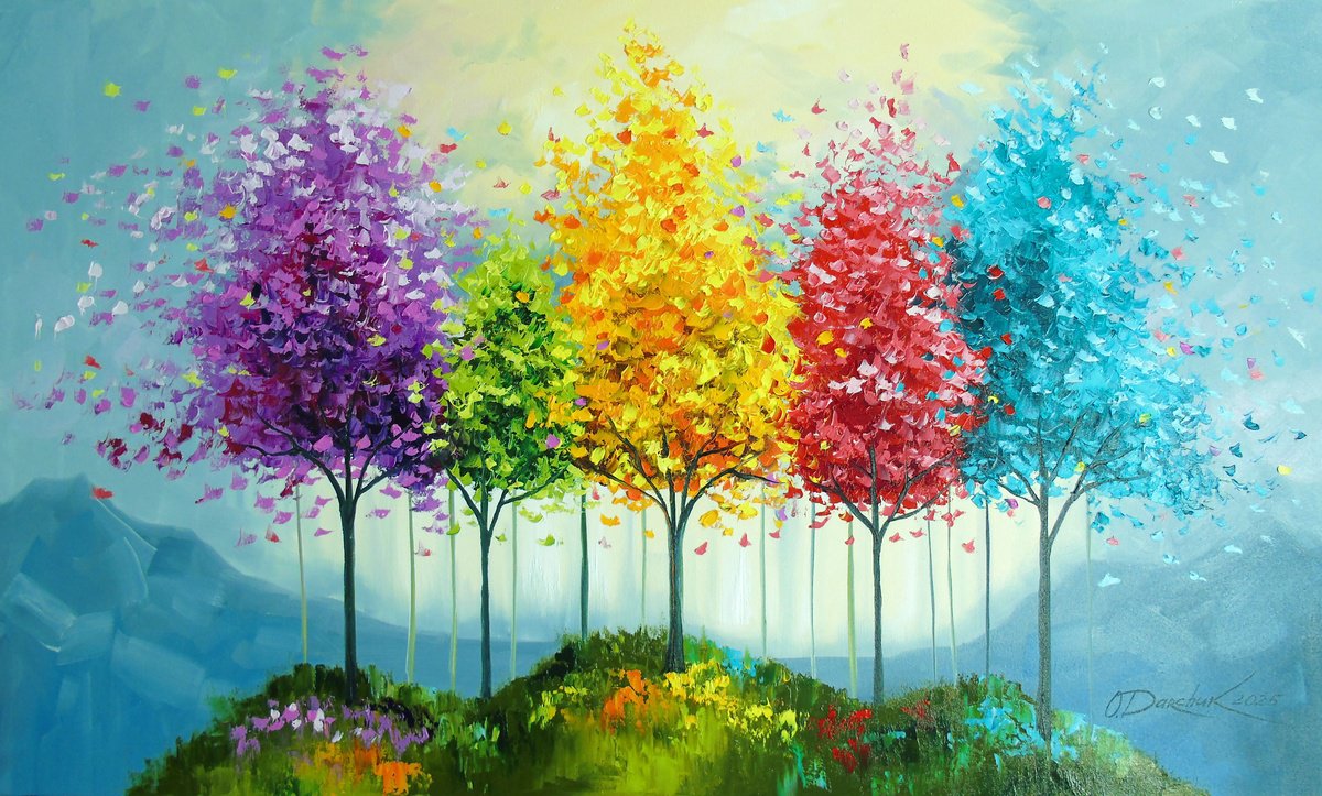 Impressionistic Landscape Oil Painting By Olha Darchuk, 39 X 24", Trees Of Life, Original Artwork
