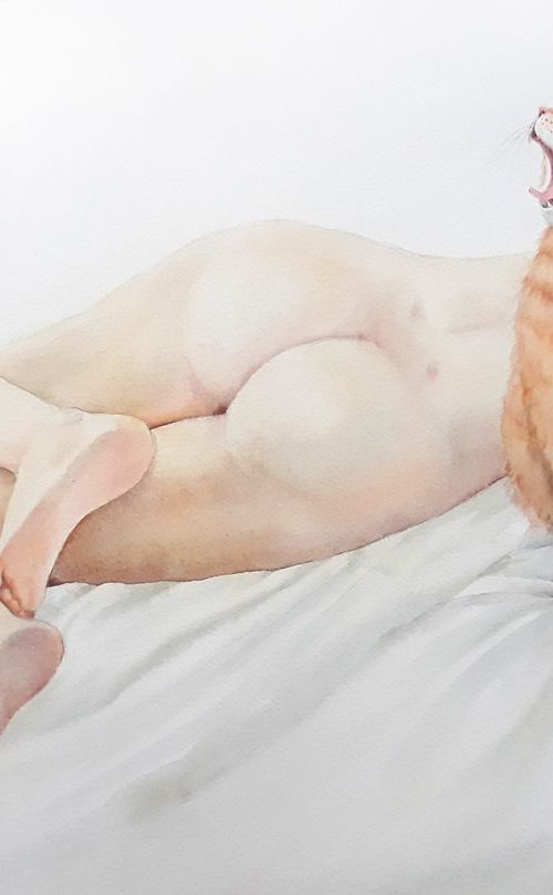 Girl&amp;Cat - Two Gingers by Olga Beliaeva Watercolour