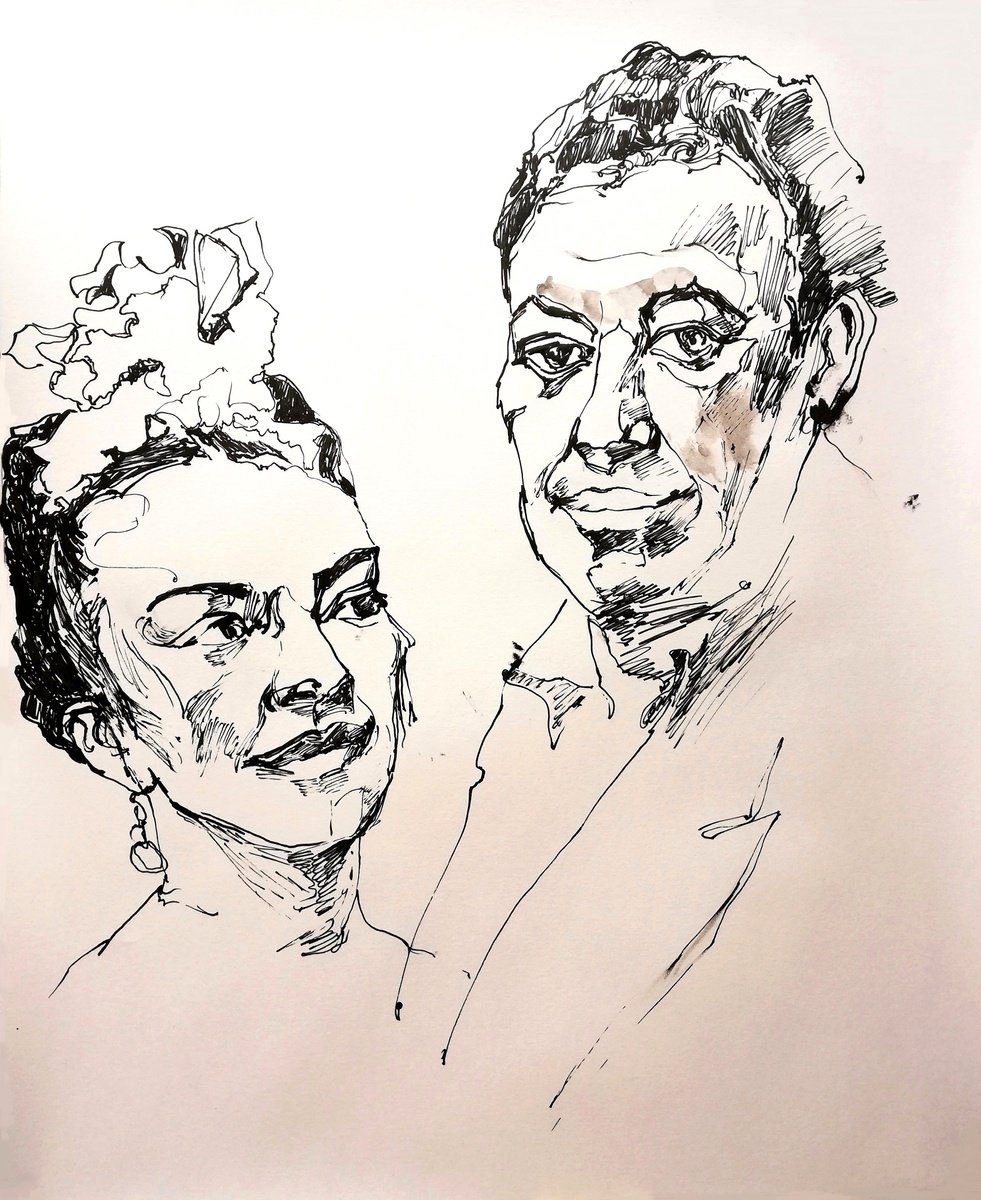 Impressionistic Portrait Ink Drawing By Jelena Djokic, 18 X 22, Frida & Diego, Original Artwork
