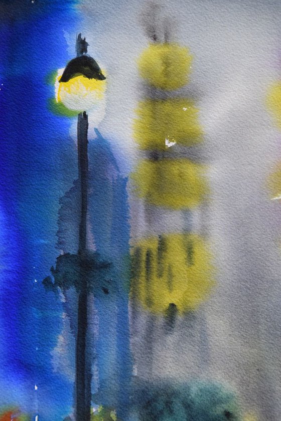 Rainy night New York original watercolor painting, abstract cityscape