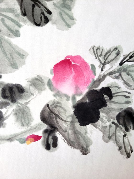Red peony and ladybug - Oriental Chinese Ink Painting