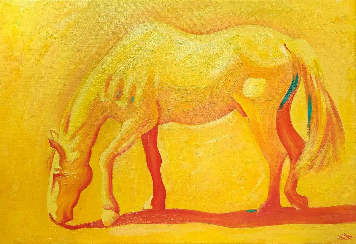 Expressive Animal Oil Painting By Lionel Le Jeune, 22 X 15", Yellow Horse, Original Artwork