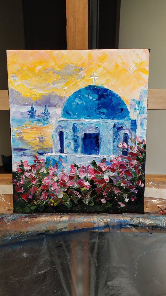 Santorini, original Greece oil painting, small gift, bedroom painting