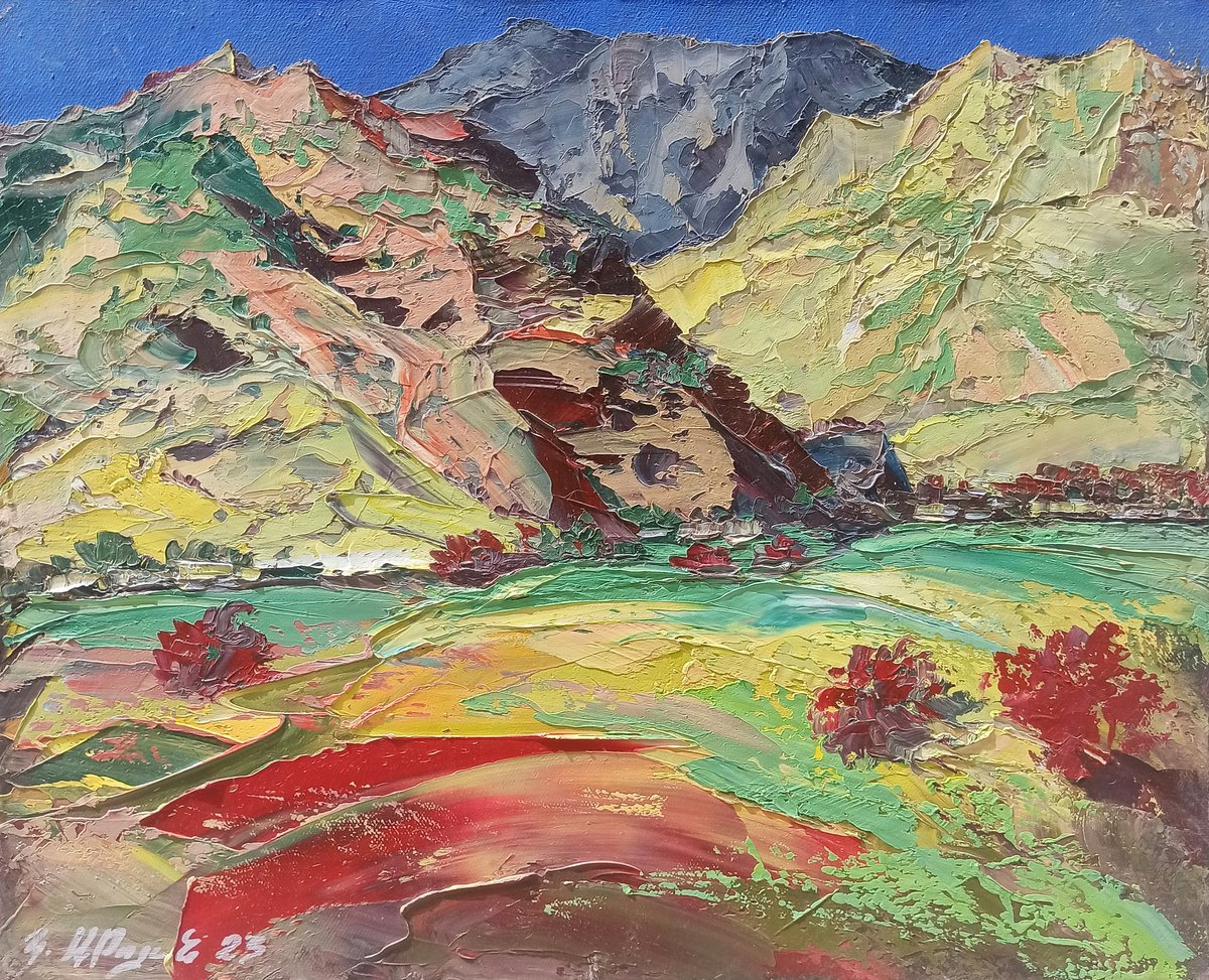 Impressionistic Landscape Oil Painting By Kamo Atoyan, 20 X 16", Colorful Landscape And Mountains, Original Artwork