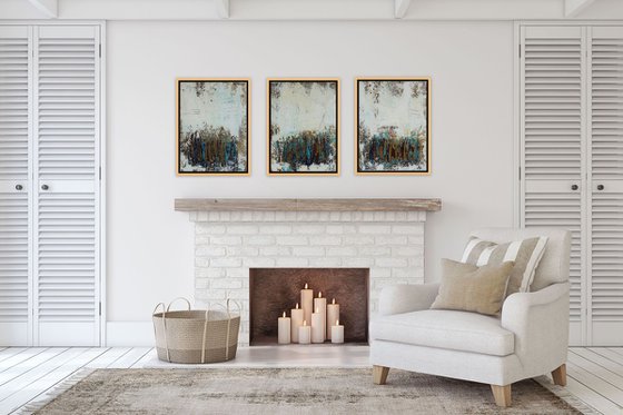 Large Abstract Painting. Modern Blue and Gold Textured Art. Painting with Structures. Triptych