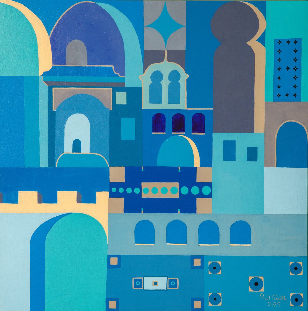 Organic Cityscapes Acrylic Painting By Phil Smith, 28 X 28", Chefchaouen 4, Original Artwork