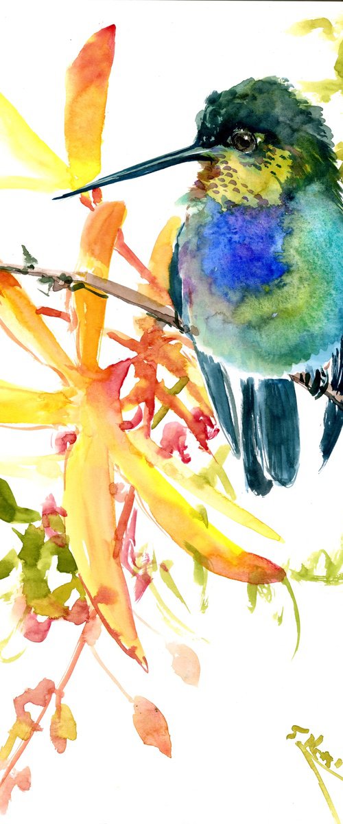 Little Hummingbird and tropical Flowers by Suren Nersisyan