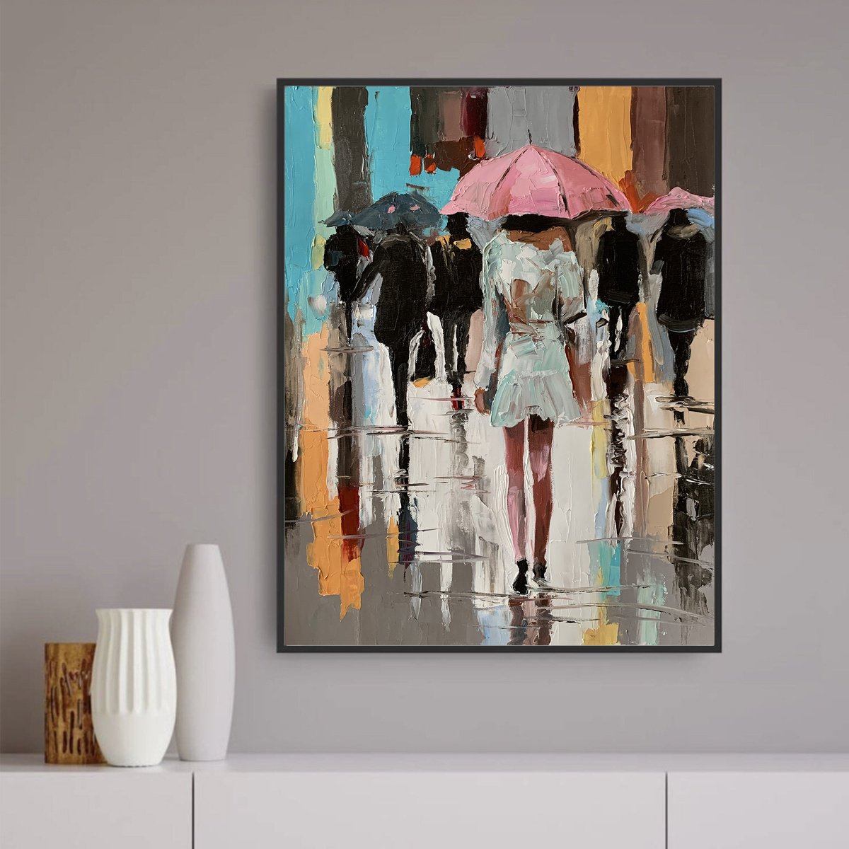Expressive Portrait Oil Painting By Vita Schagen, 16 X 20", Woman With Umbrella In A Rainy City., Original Artwork