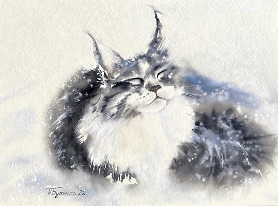 Snow cat, original watercolour