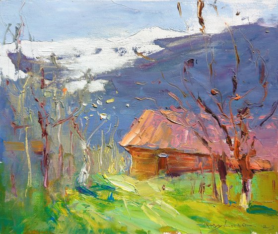 Spring in the mountains . Small house in the village Original oil painting
