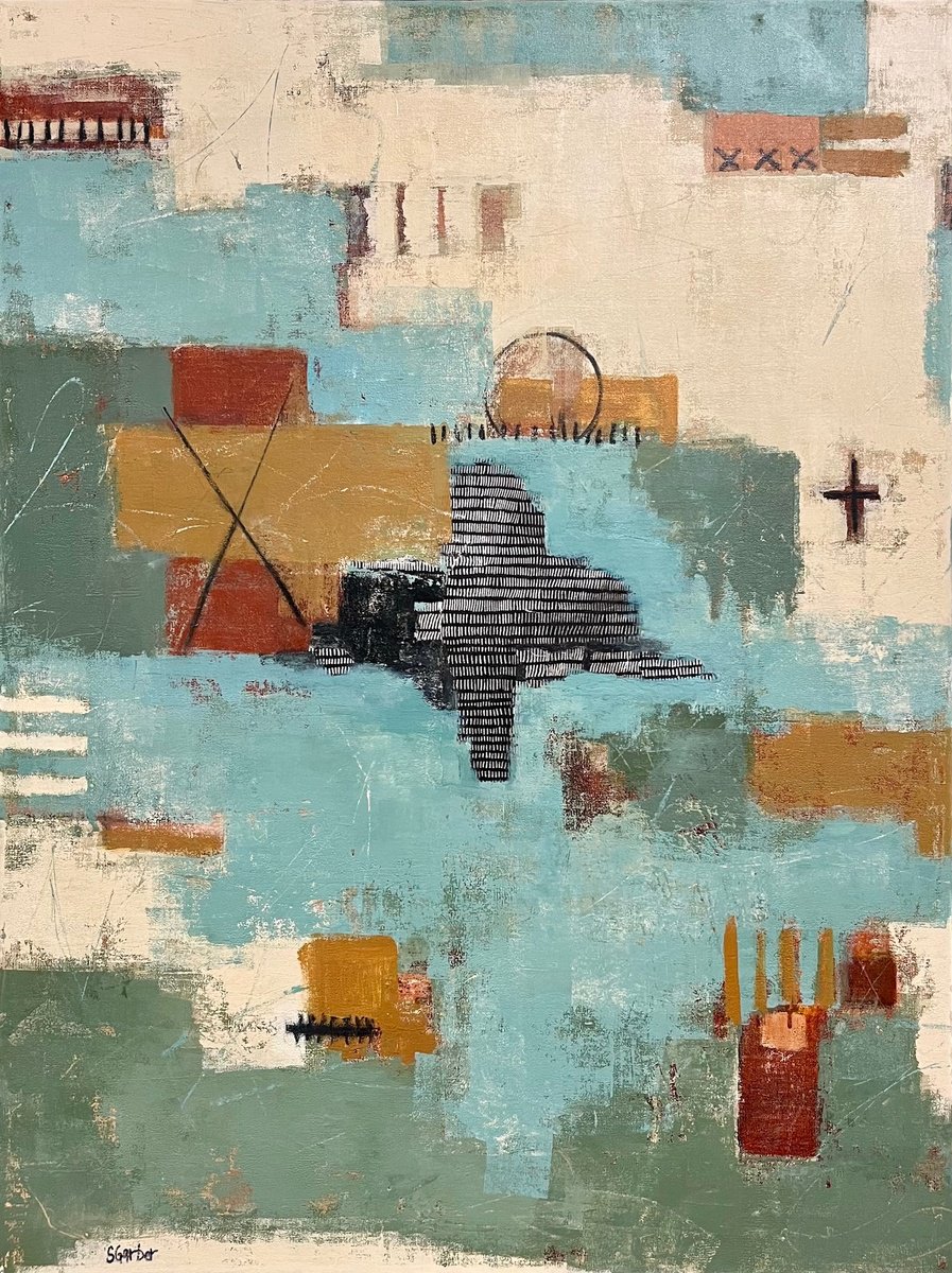 Geometric Abstract Painting By Shellie Garber, 30 X 40", Blue Coyote, Original Artwork