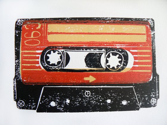 Linocut tapes #10 (cassette tapes, retro music, 70's, 80's rock culture)