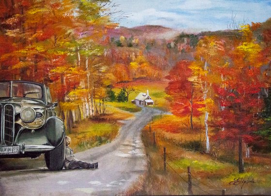 BRIGHT AUTUMN.  Autumn landscape. Oil painting.