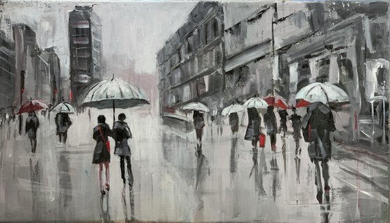 People in a rainy city.