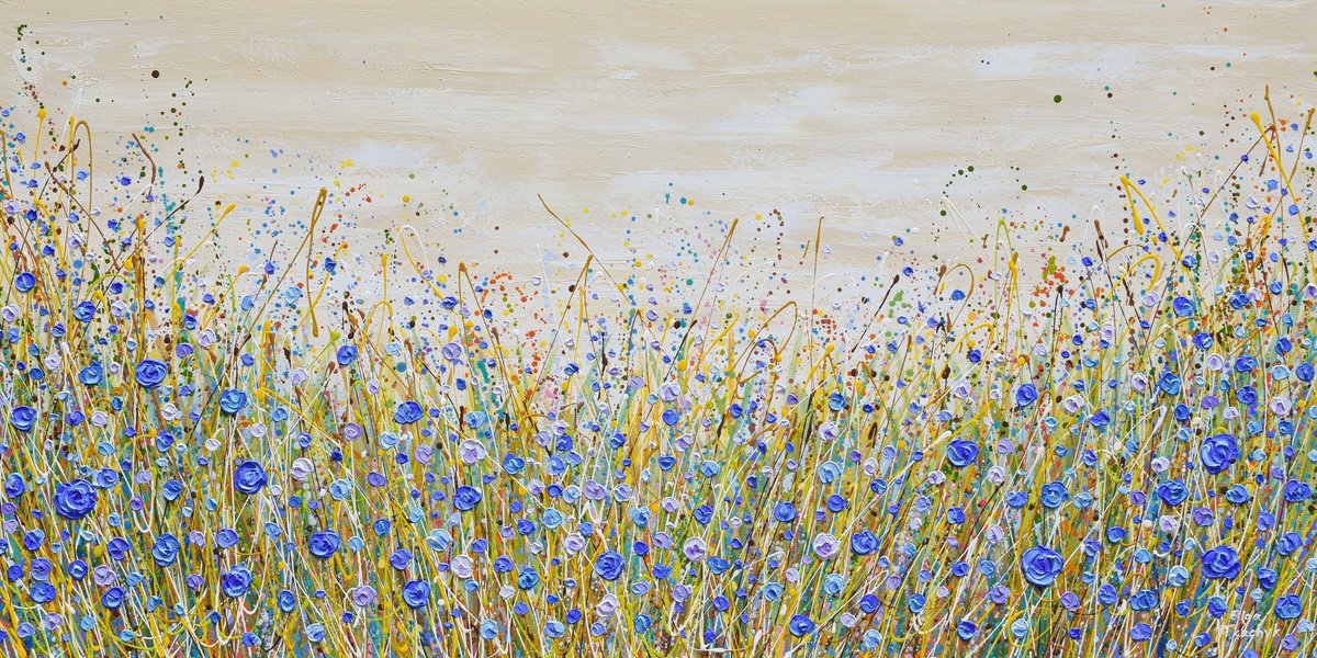 Abstract Botanical Acrylic Painting By Olga Tkachyk, 48 X 24", Blue Flowers Symphony, Original Artwork