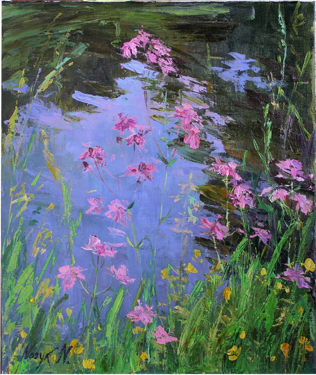 Pink flowers near lake | oil painting on canvas by Nataliia Nosyk