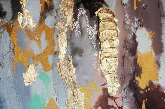 Large abstract framed painting on canvas, gold leaf artwork with texture.