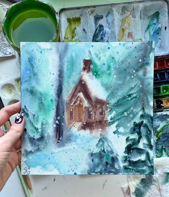 Christmas Cabin Painting, Snowy Forest Original Watercolor Artwork, Winter Landscape Wall Art, Cozy Hygge Home Decor, Christmas Gifts