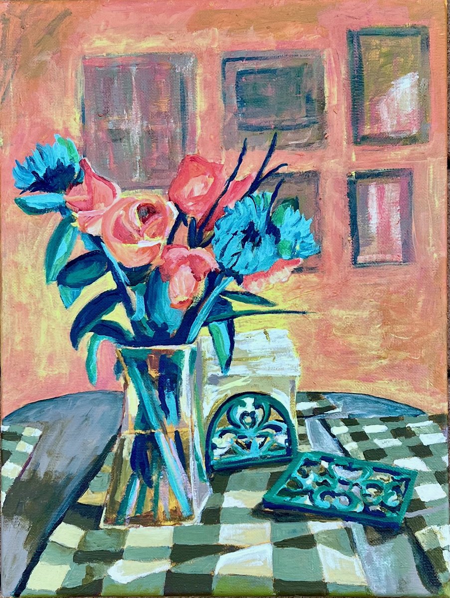 Still Life Acrylic Painting By Heather Kostal, 12 X 16, Flowers In Dining Room, Original Artwork