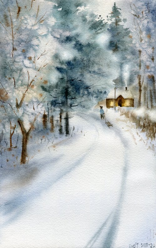 Winter's Tale. Winter village landscape with the road home. Watercolor artwork. by Evgeniya Mokeeva