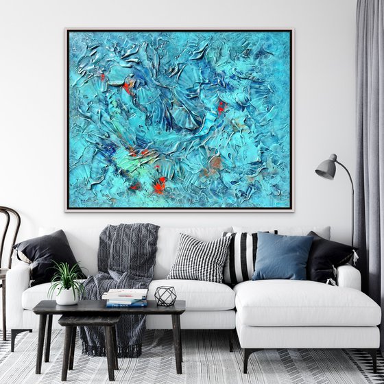 UNBELIEVABLE SUMMER. Abstract Blue, Teal, Turquoise Textured Coastal Large Painting