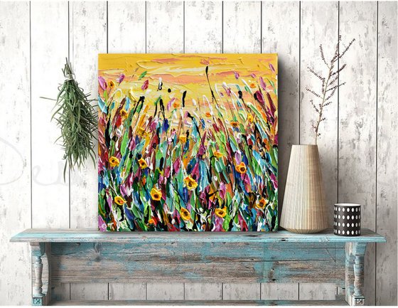 Yellow Flowers Meadow - Abstract Floral Painting, Textured Palette Knife Art