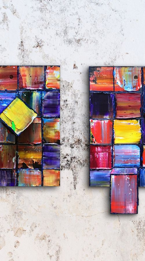 "We Just Fit" - FREE USA SHIPPING - Original Diptych PMS Mixed Media Sculptural Paintings On Wood, Framed - 16 x 11.5 inches by Preston M. Smith (PMS)
