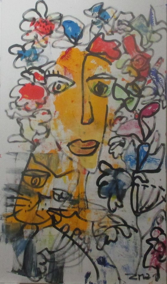 expressive flowergirl, girl with cat portrait 47,2 x 27,5 inch