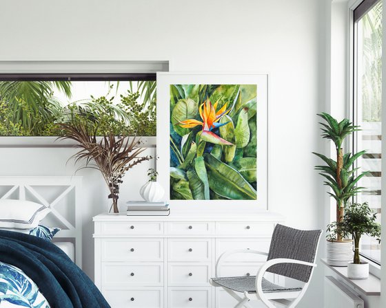 Tropical strelitzia - original green sunny watercolor flower and leaves