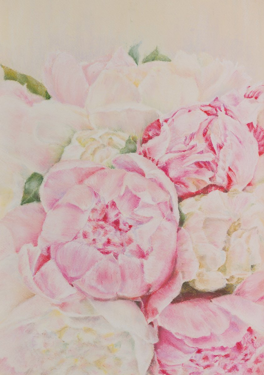 Impressionistic Botanical Painting By Kateryna Nazarenko, 12 X 17", Pink Peony Flowers, Original Artwork