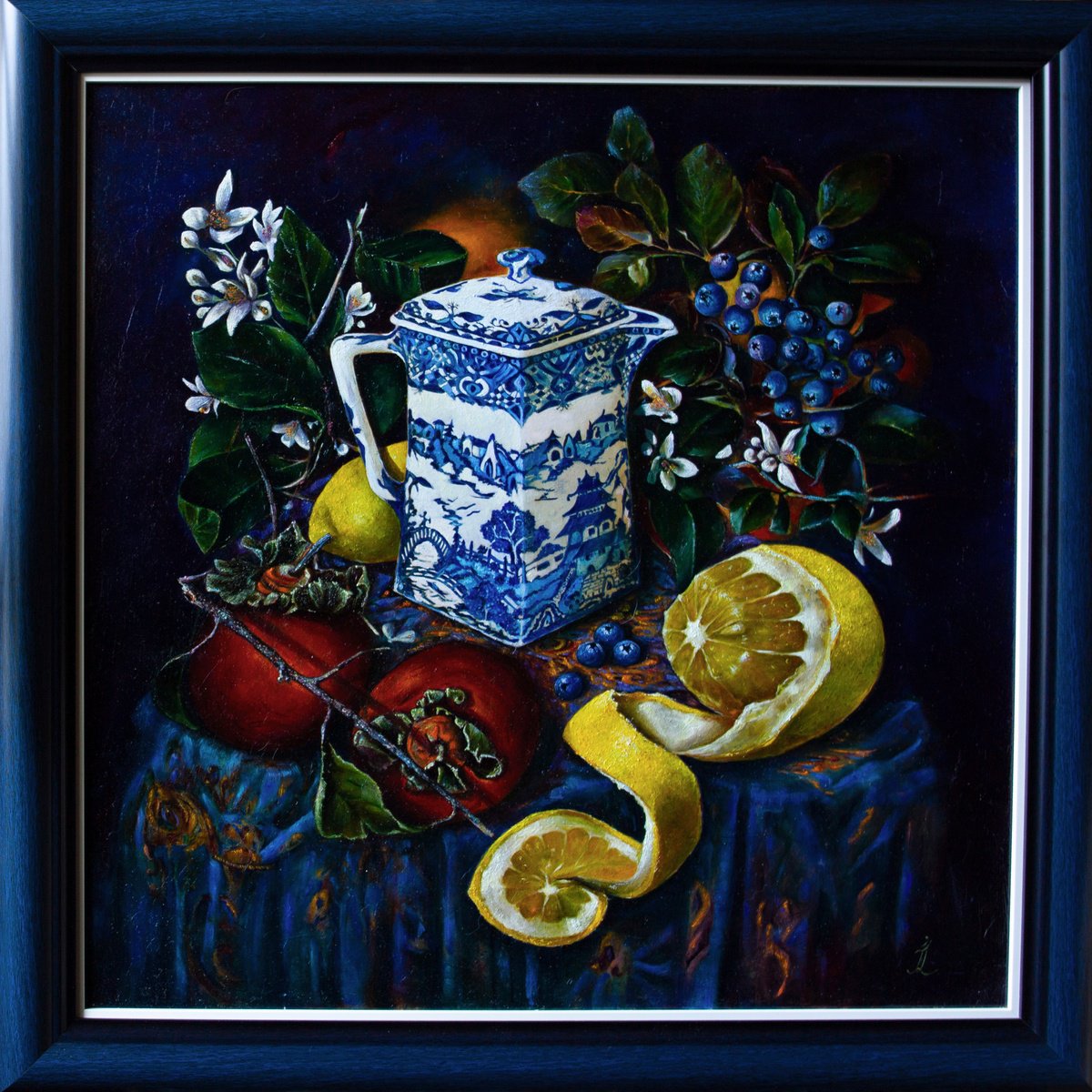 Impressionistic Botanical Oil Painting By Inga Loginova, 4 X 4, Blue Still Life With Lemon, Original Artwork