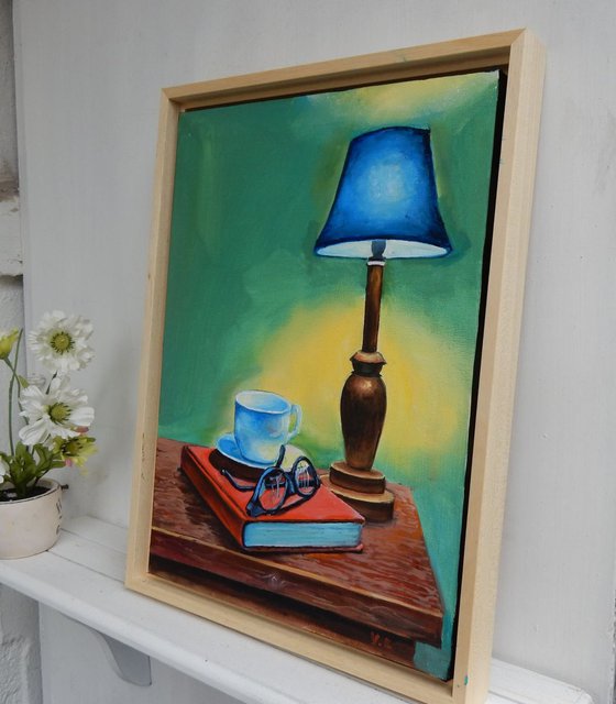 Still life: books and lamp. 30x40cm