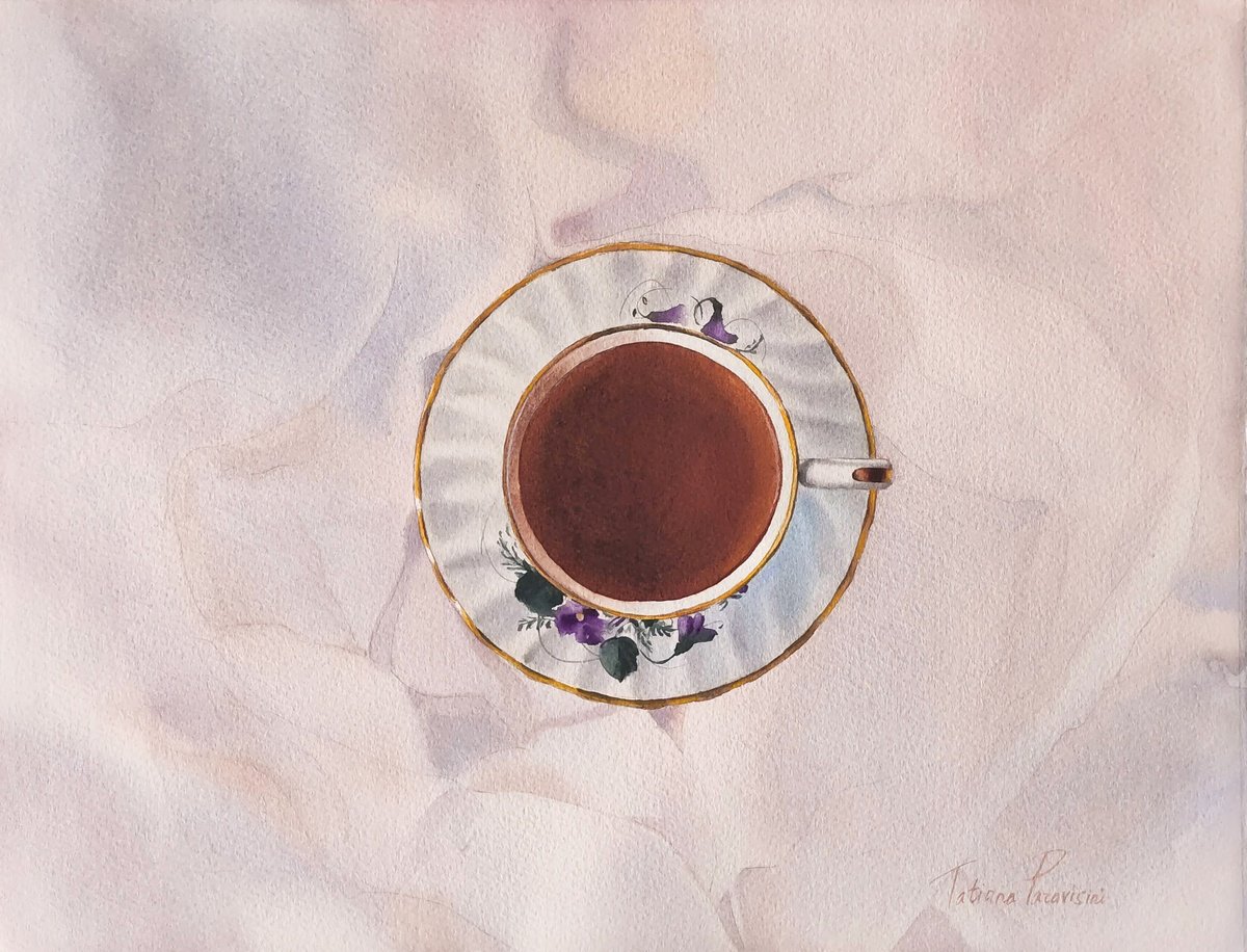 Photorealistic Still Life Watercolour By Tatiana Paravisini, 16 X 12", Cup Of Tea On Pink, Original Artwork