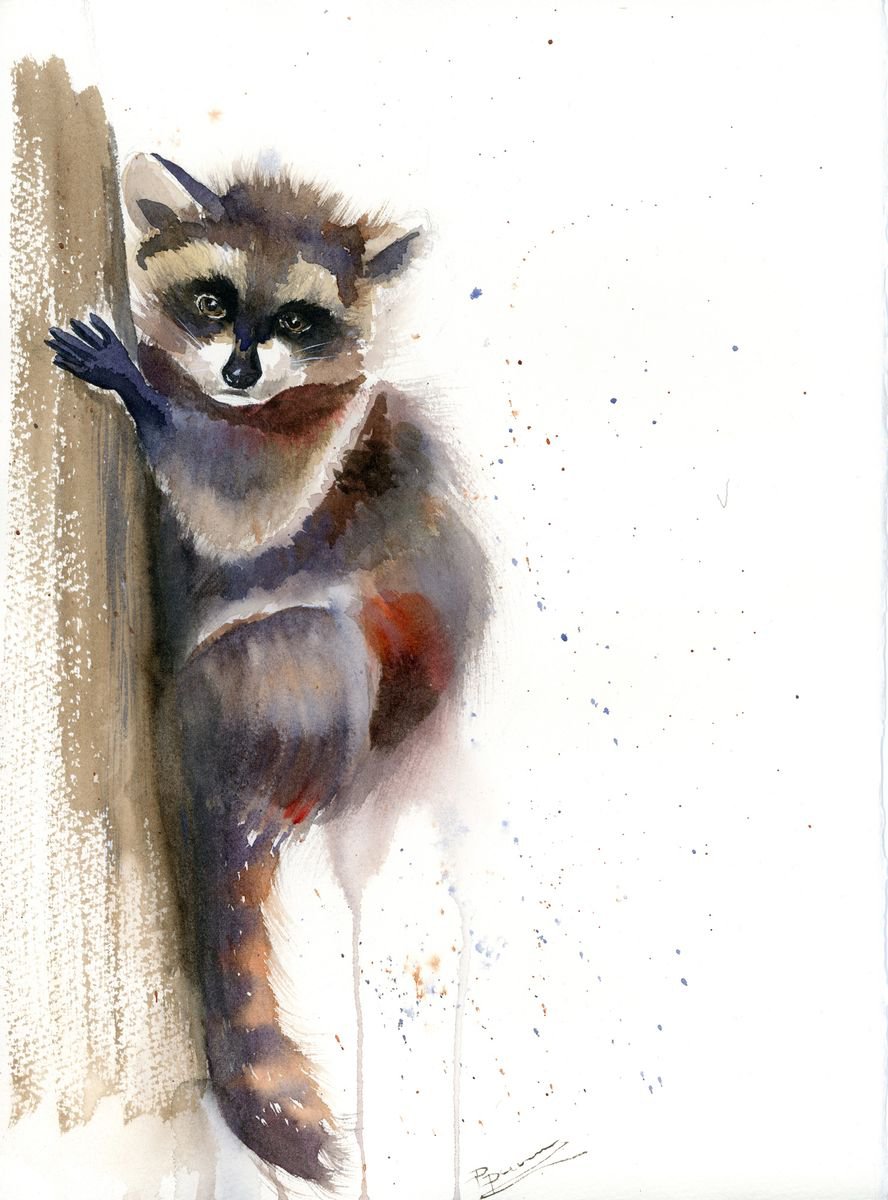 Impressionistic Animal Watercolour By Olga Tchefranov (Shefranov), 11 X 15", Raccoon On The Tree, Original Artwork