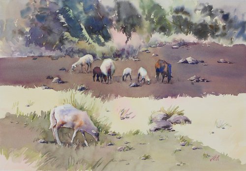 Cretan sheep Watercolor Greece landscape with grazing animals by Yulia Evsyukova