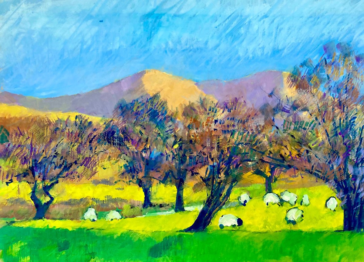 Expressive Painting , Sheep Under Trees By Stuart Roper, 11 X 8, Artwork For Sale On Artfinder