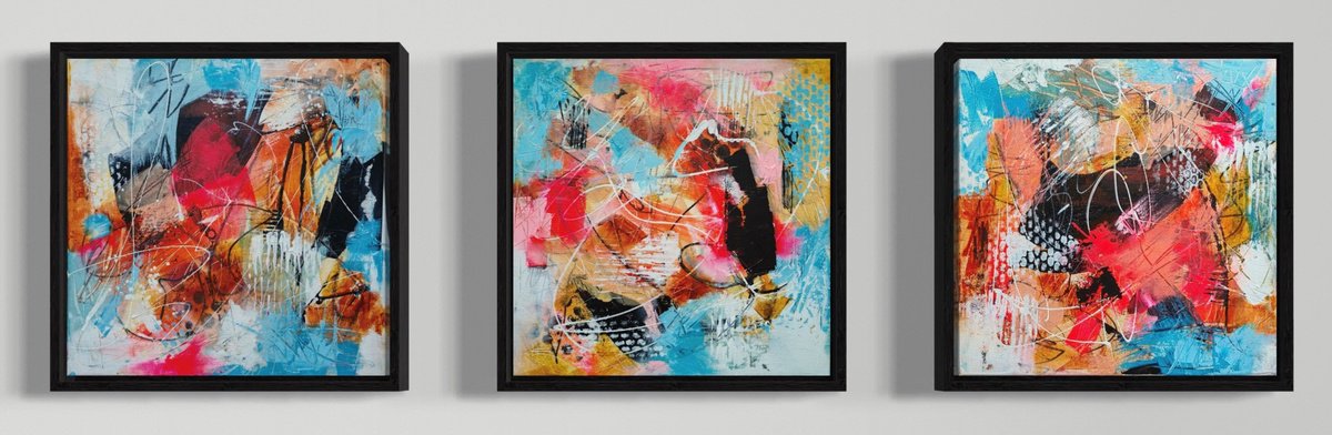 Abstract Acrylic Painting By Vera Hoi, 13 X 13", "Abstract Triptych", Original Artwork