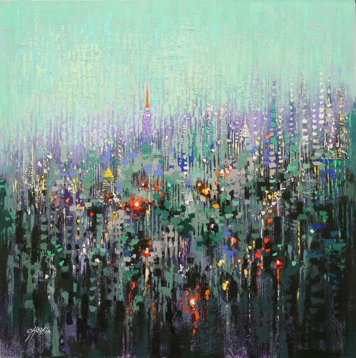Expressive Cityscapes Oil Painting By Chin H Shin, 36 X 36, New York Good Morning, Original Artwork