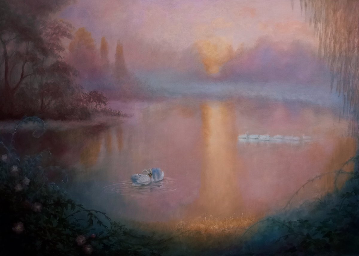 Impressionistic Landscape Oil Painting By Lee Campbell, 39 X 28", Swan Lake, Original Artwork